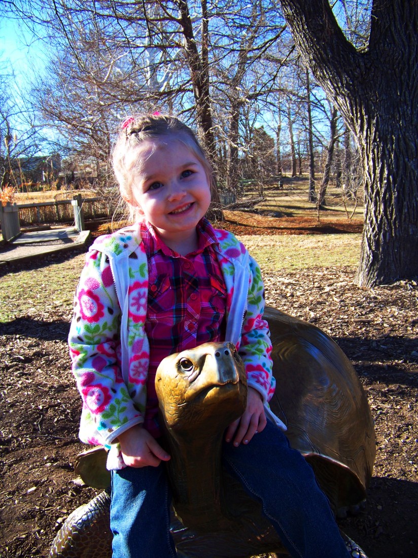 Bella riding the turtle